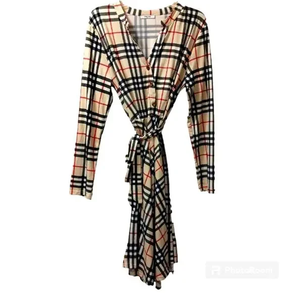Diphi LiLi Plaid Dress Sz XL Tan Black V-Neck Button Down Fit & Flare Preppy VNT - Picture 3 of 13